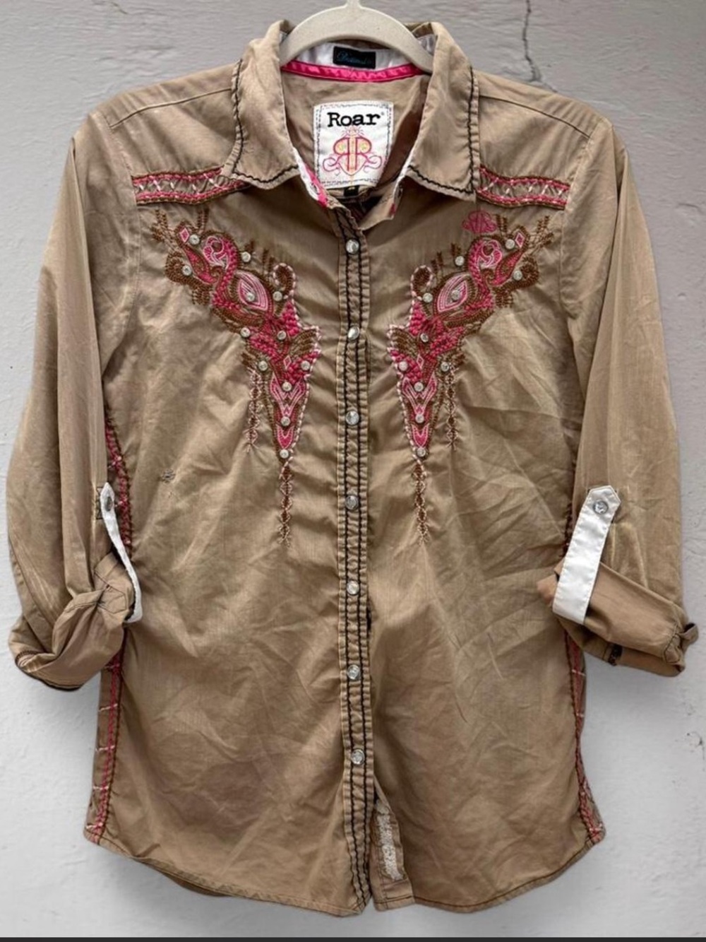 Roar Button-Up Shirt with Pink Embroidery Rhinestone Bling Western Fitted Top